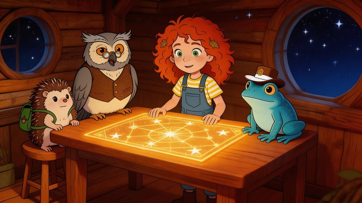 Luna and friends around a glowing star map