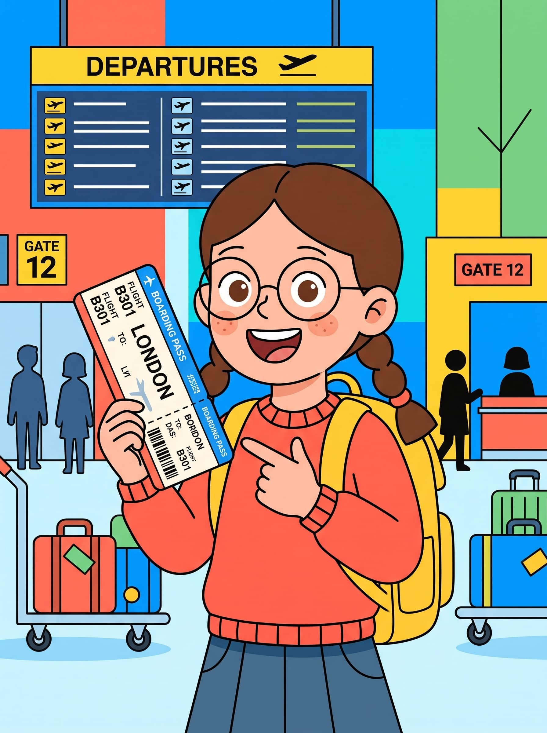 Mia illustrating the word a boarding pass
