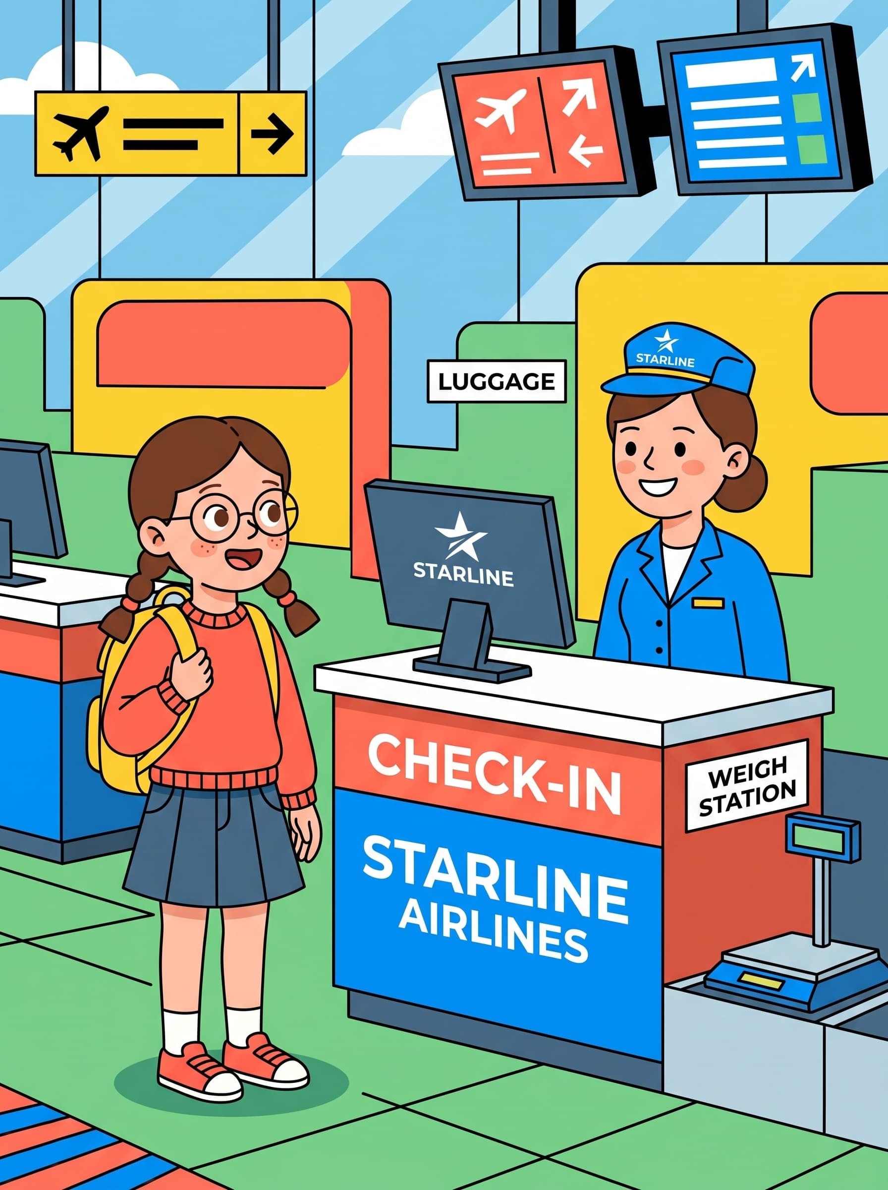 Mia illustrating the word the check-in desk