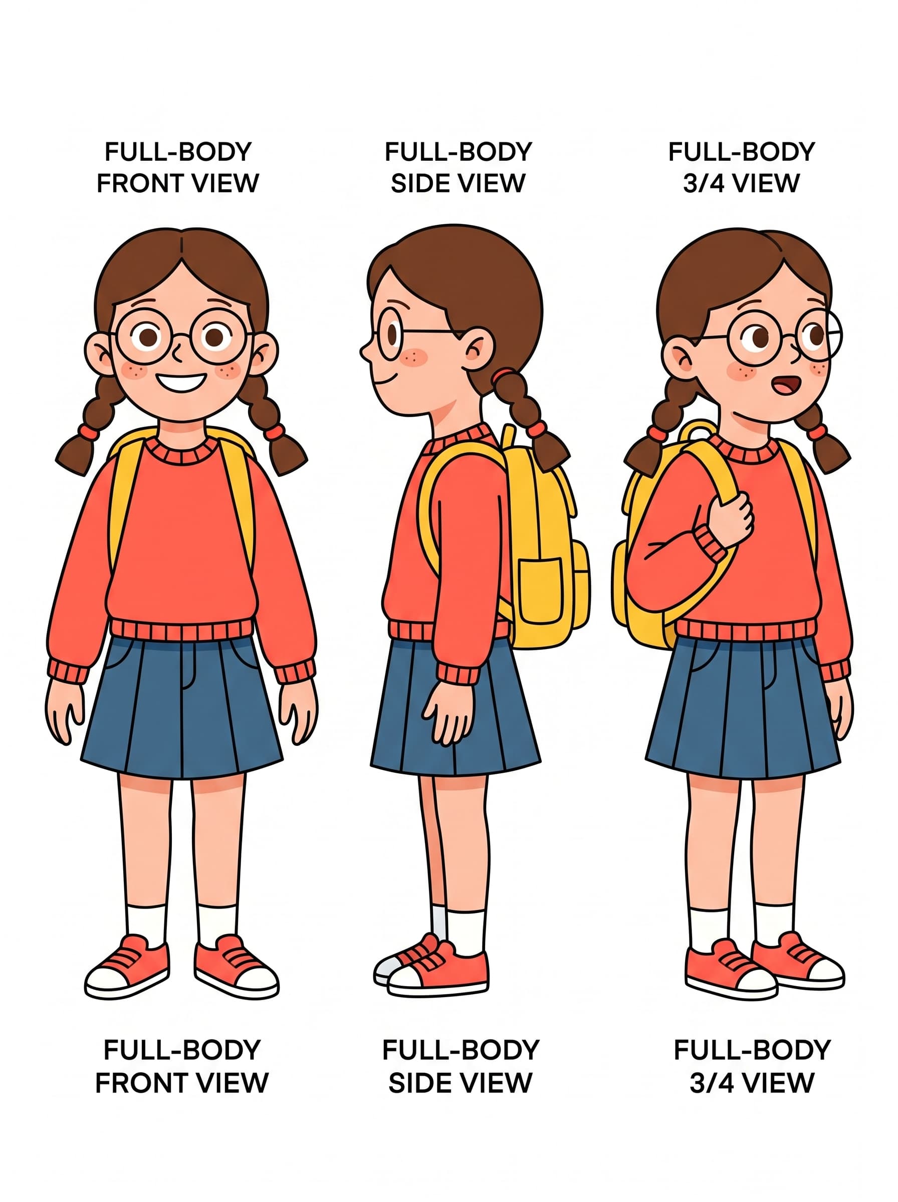 Character sheet of Mia, a young student, shown from the front, side, and three-quarter views
