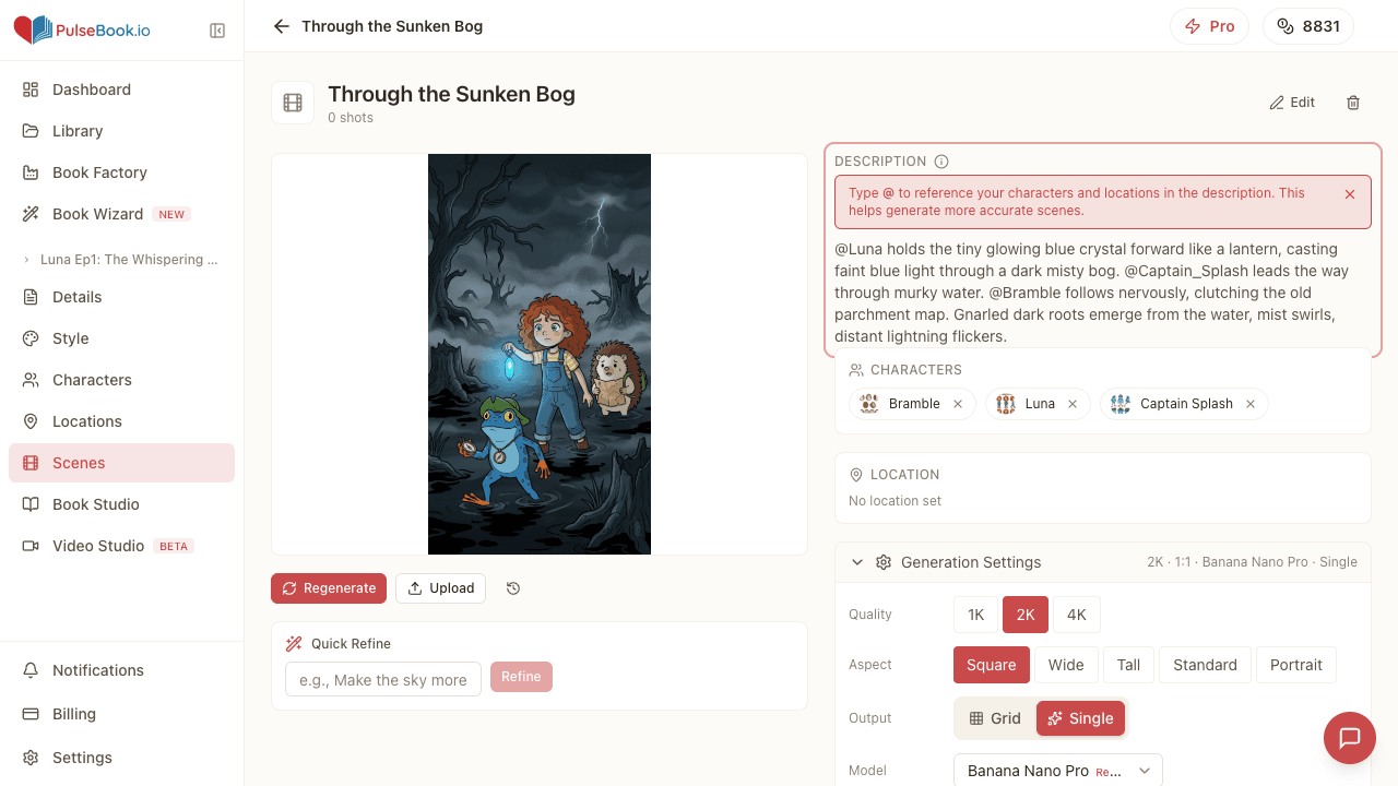 PulseBook scene editor showing @Luna, @Captain_Splash, and @Bramble mentions in the description