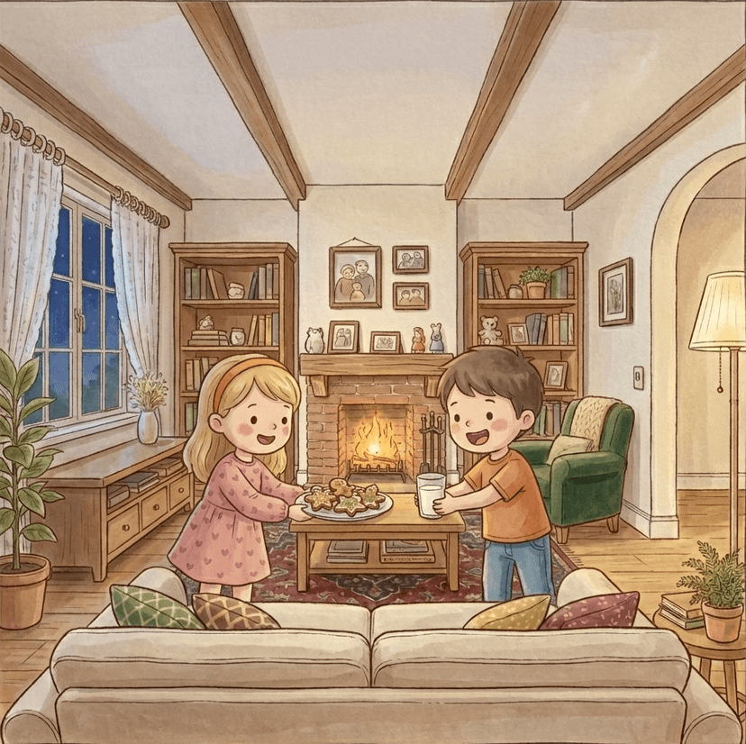 Scene: Kids by fireplace
