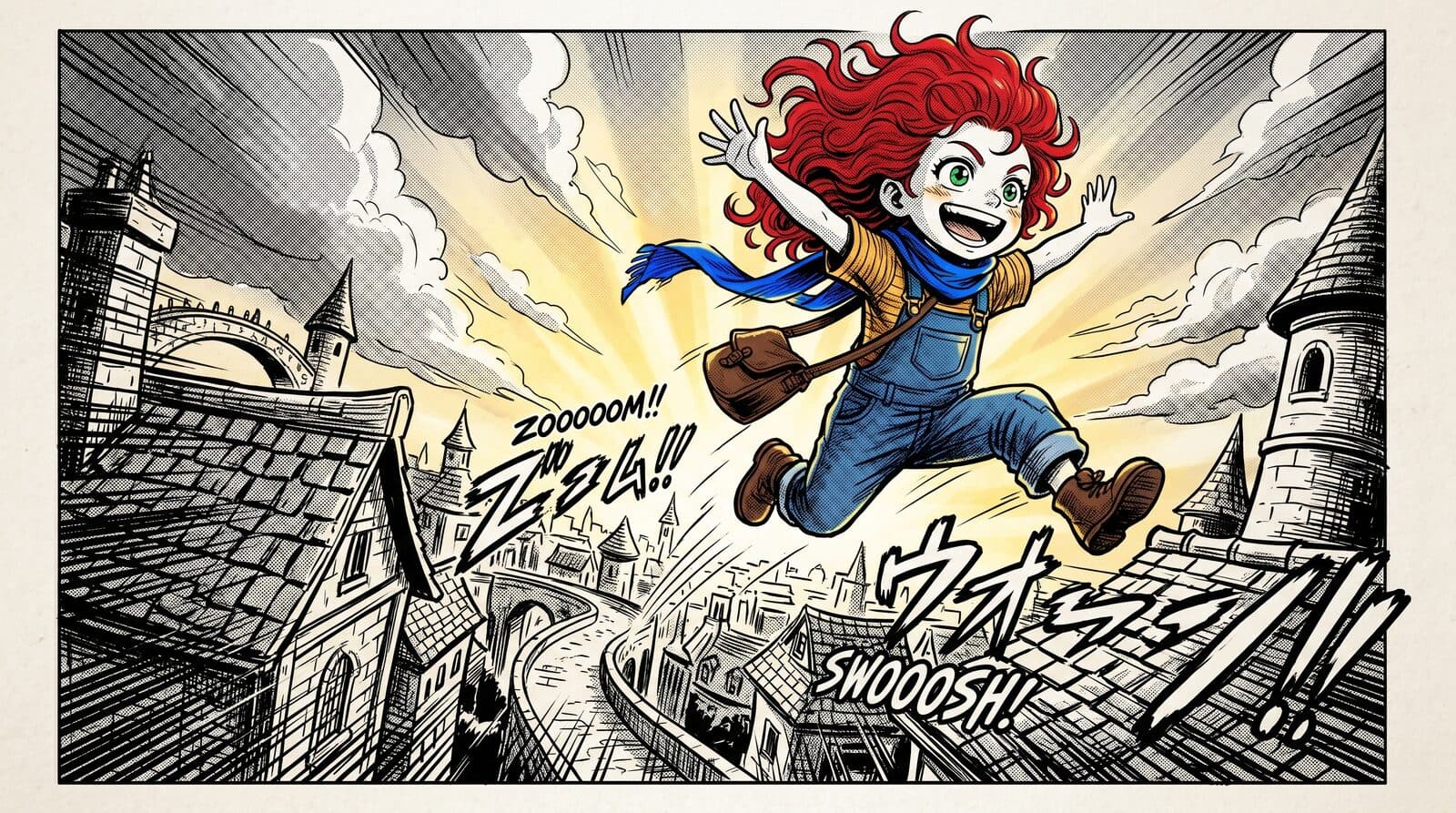Luna leaping between rooftops in manga action style