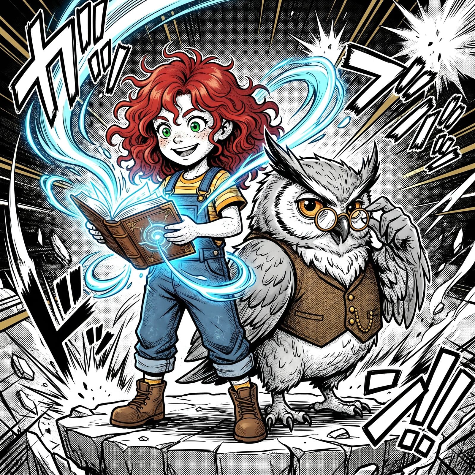 Luna and Professor Whiskers in dramatic manga pose