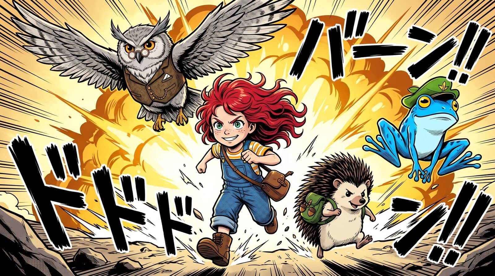 Luna and her team charging forward in manga action style