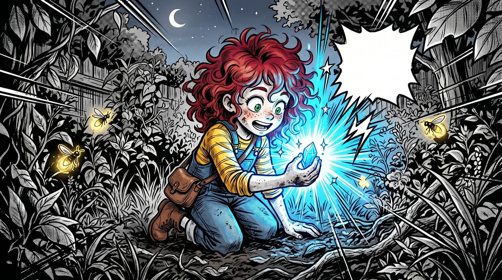 Luna discovers a glowing crystal in her backyard — manga action style