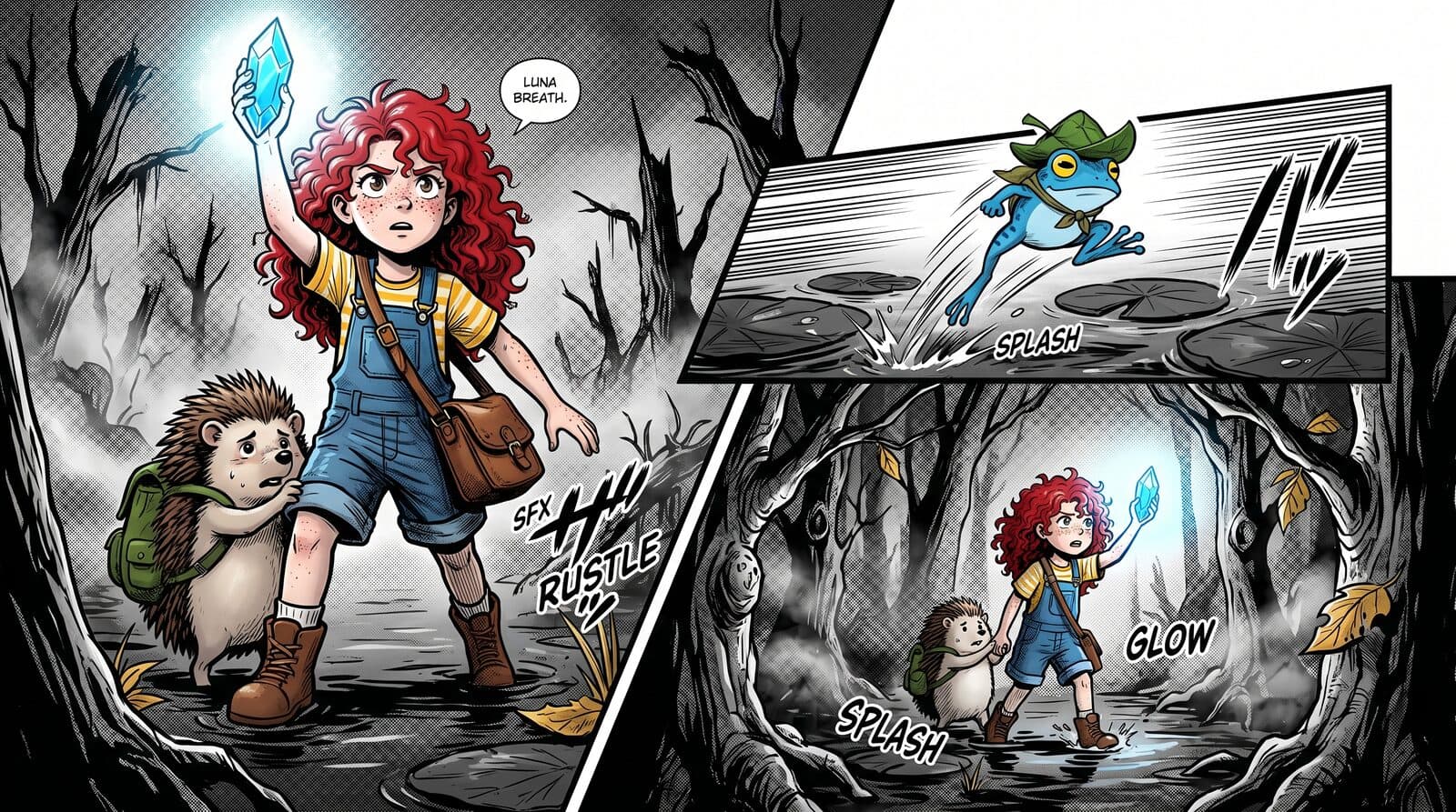 Luna leads through a dark swamp using the crystal as a torch — multi-panel manga layout