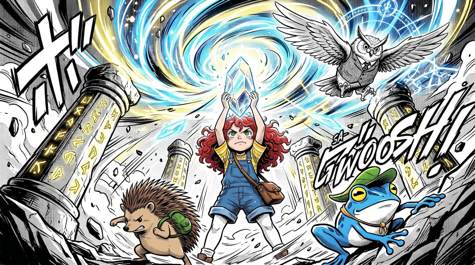 Luna opens a portal between ancient columns — full manga splash page