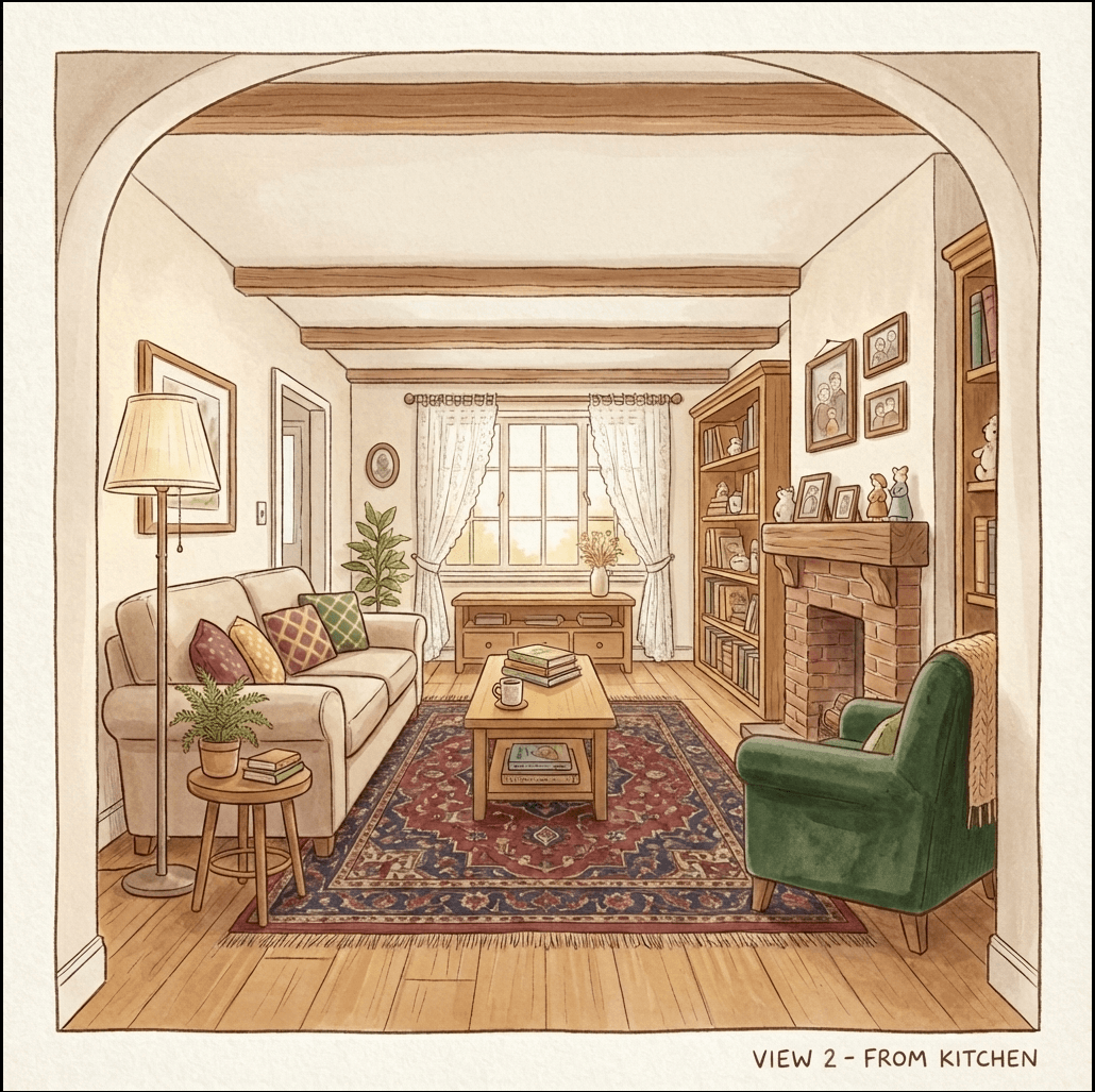 Cozy living room location with fireplace and armchair