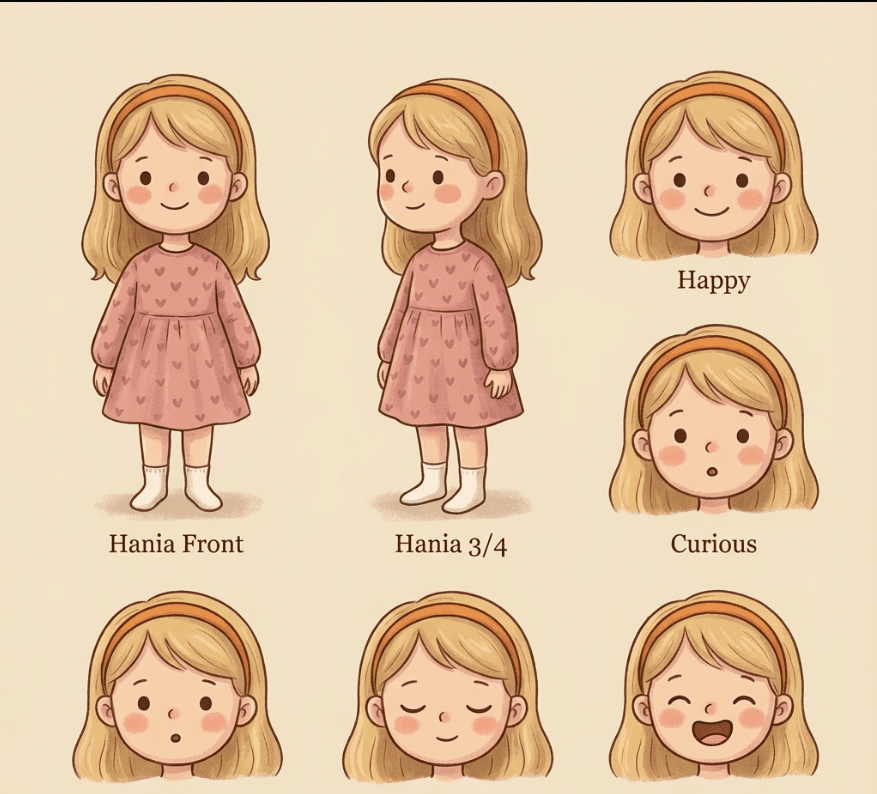 Hania character sheet with multiple poses and expressions