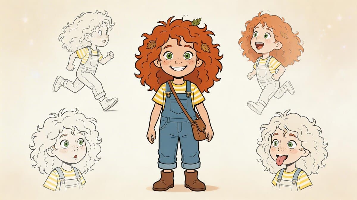Character reference sheet with multiple poses and expressions