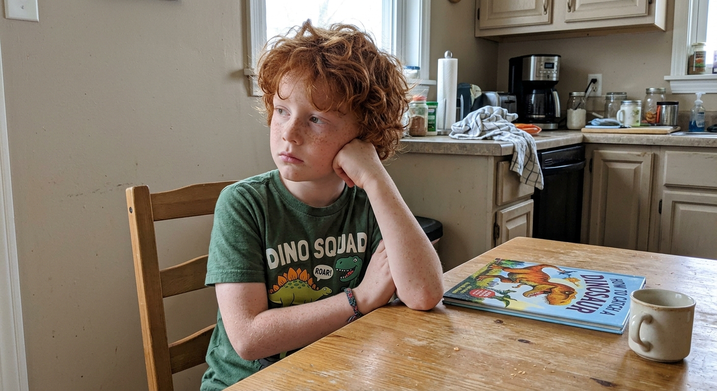 A bored kid ignoring a book at the kitchen table